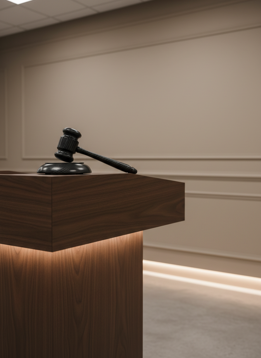 A vignette featuring a modern, carbon-fiber gavel resting atop a dark walnut legal podium with a concealed LED strip, emitting a soft white ambient underglow. The podium is set against a neutral sand-toned wall with understated architectural molding, evoking a discipline and refined authority. Overhead diffused lighting provides balanced illumination, minimizing shadows and emphasizing the gavel's innovative texture and form. The composition is asymmetrical, with the gavel and podium in sharp focus in the foreground and a controlled falloff to blur in the background. The overall style is clean, structured, and distinctly modern, suited to a law office at the forefront of penal legal practice.